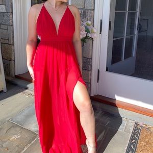 Red maxi prom dress with leg slit